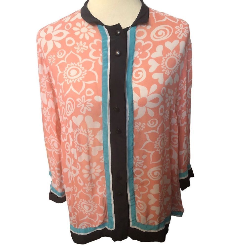 Bob Mackie 100 percent silk wearable art button down blouse. Size L